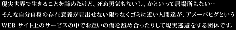 現実世界で生きることを諦めたけど、死ぬ勇気もないし、かといって居場所もない…そんな自分自身の存在意義が見出せない限りなくゴミに近い人間達が、アメーバピグというWEBサイト上のサービスの中でお互いの傷を舐め合ったりして現実逃避をする団体です。